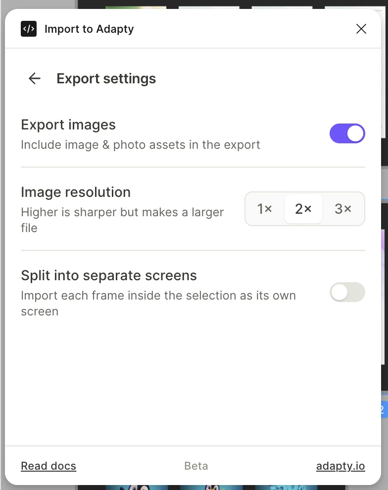 The Export settings panel with the Export images toggle on, Image resolution set to 2x, and Split into separate screens off