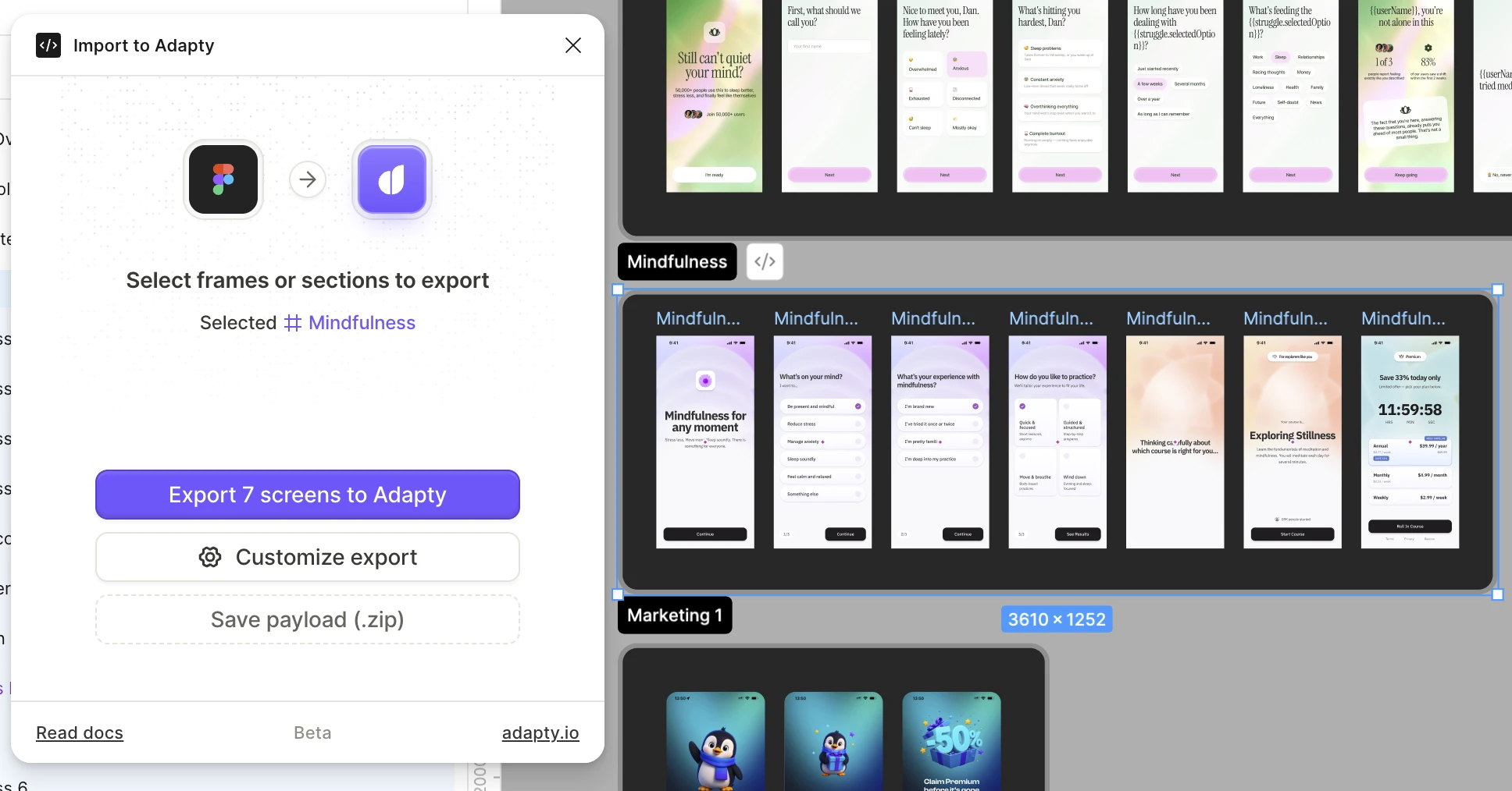The Import to Adapty panel showing the selected Mindfulness section and an Export 7 screens to Adapty button