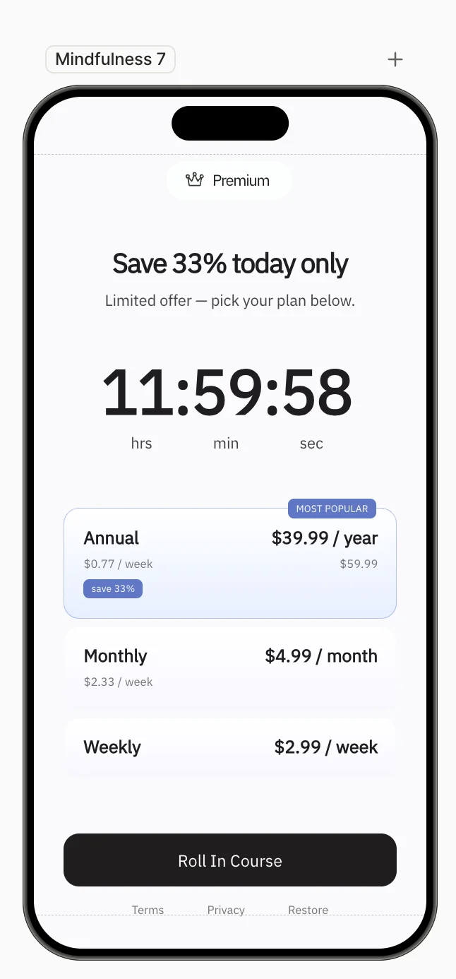 An imported paywall screen open in the flow builder, with its heading, countdown, three pricing rows, and call-to-action button in place