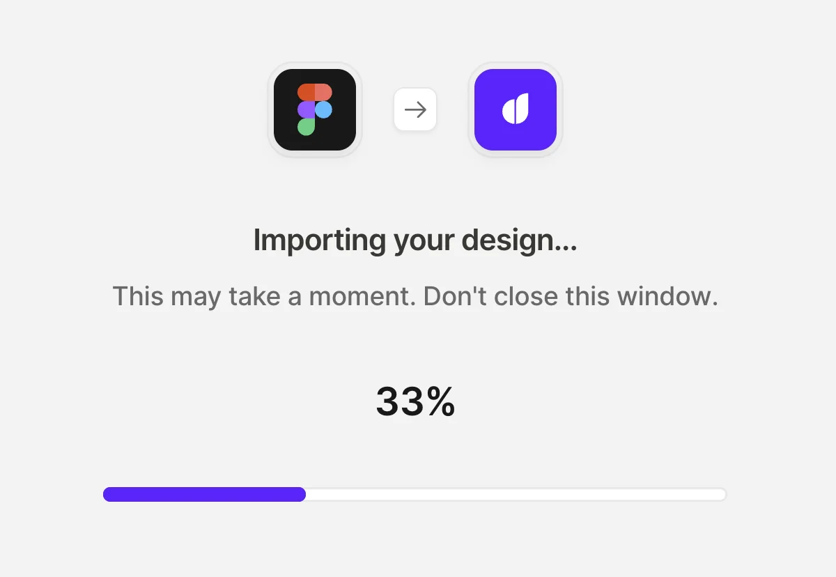 The Figma import page showing the Importing your design message and a progress bar