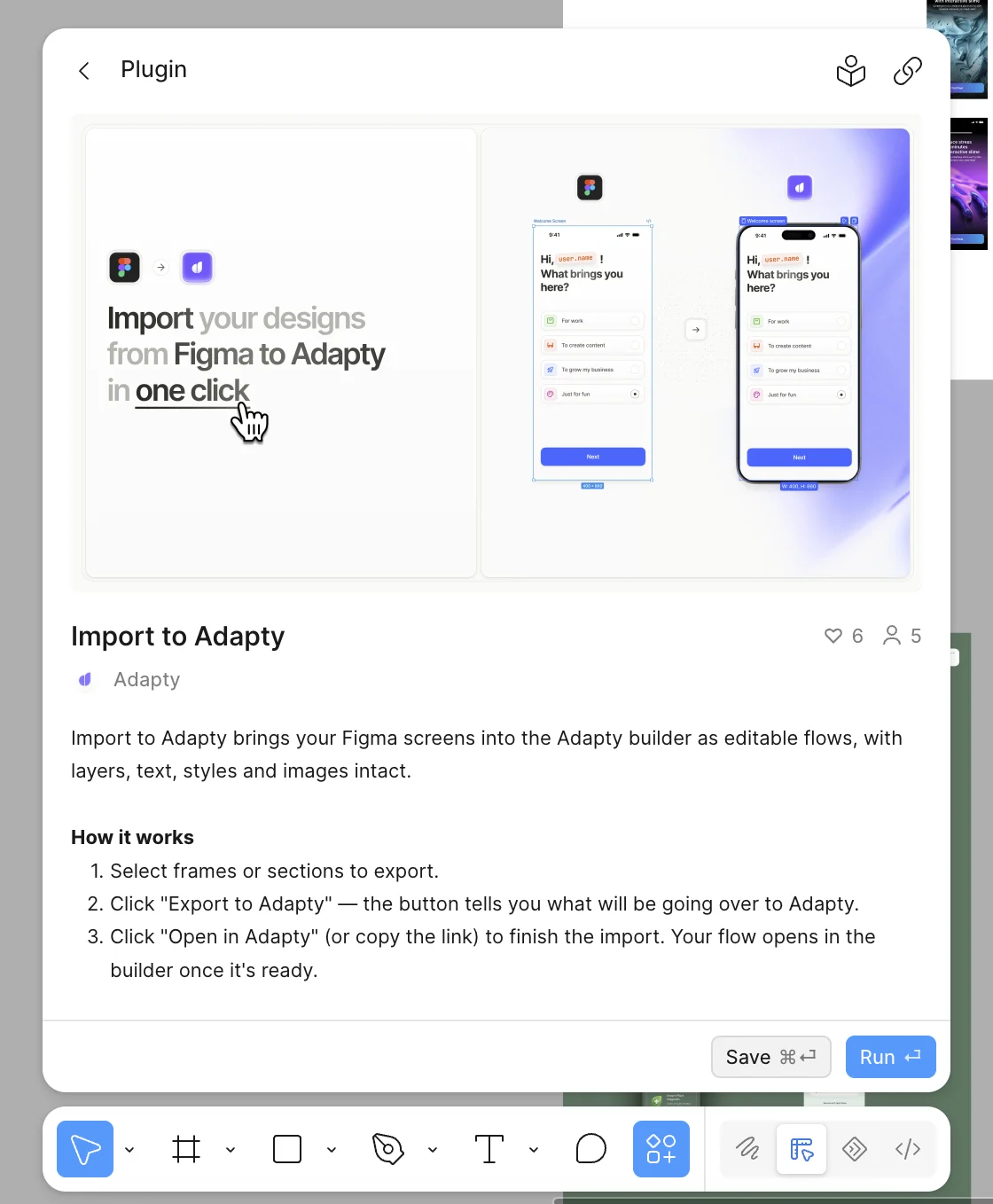 The Import to Adapty plugin page in Figma, with Save and Run buttons at the bottom