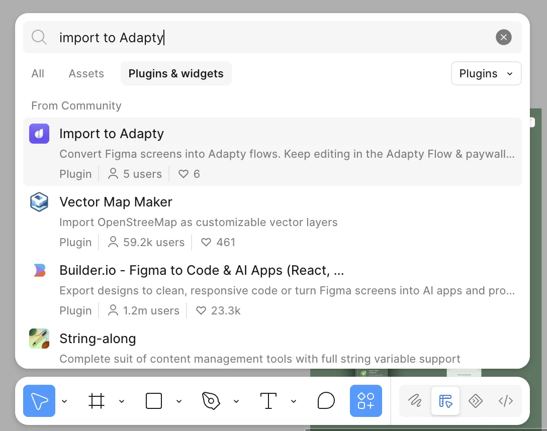 Figma's plugin search on the Plugins & widgets tab, with Import to Adapty listed first under From Community
