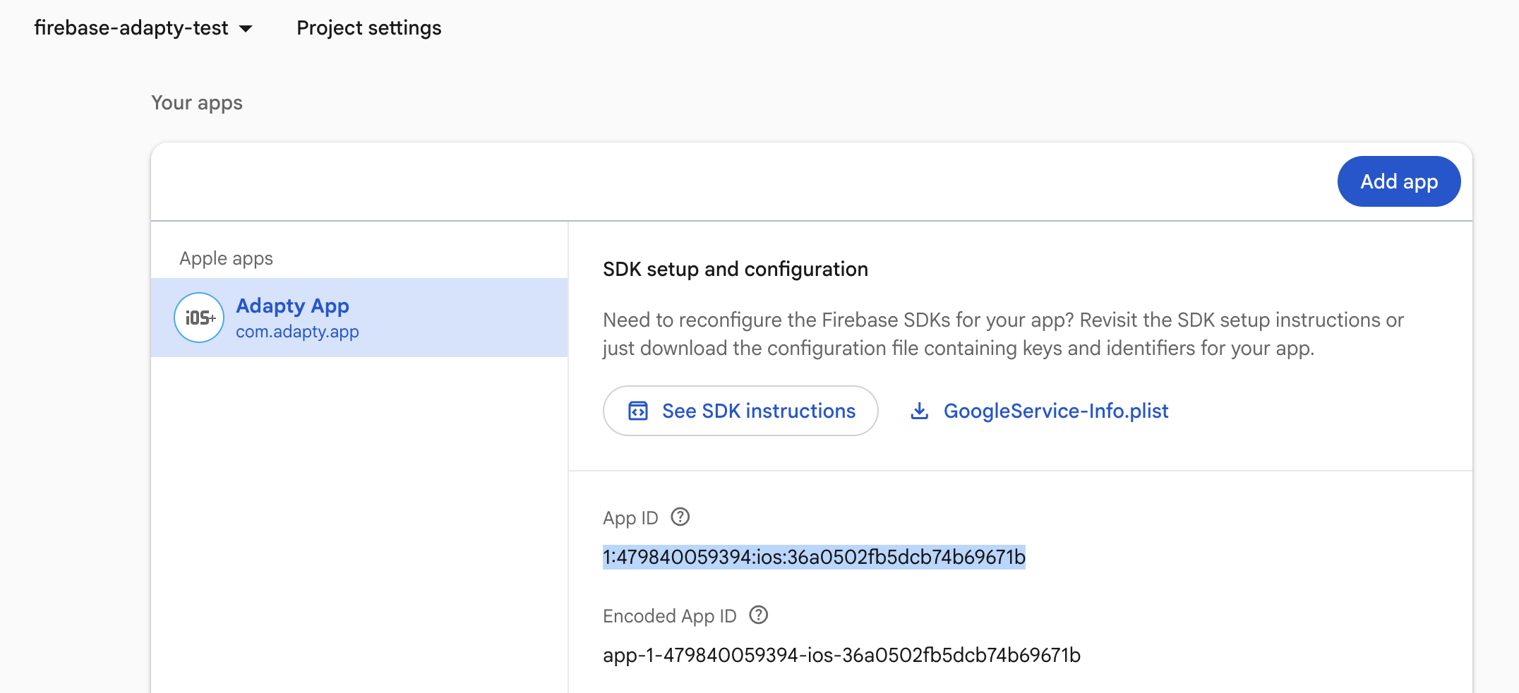Firebase Console showing the App ID for an iOS app entry