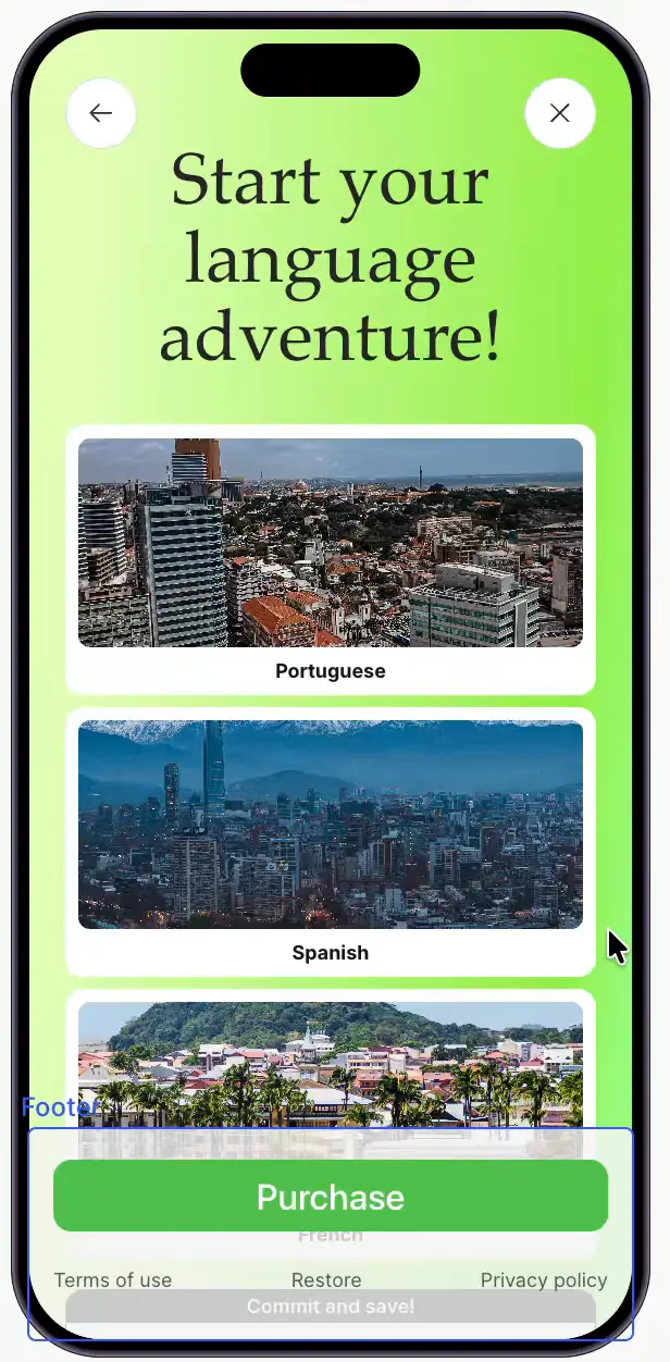 Footer pinned to the screen bottom while content scrolls beneath it