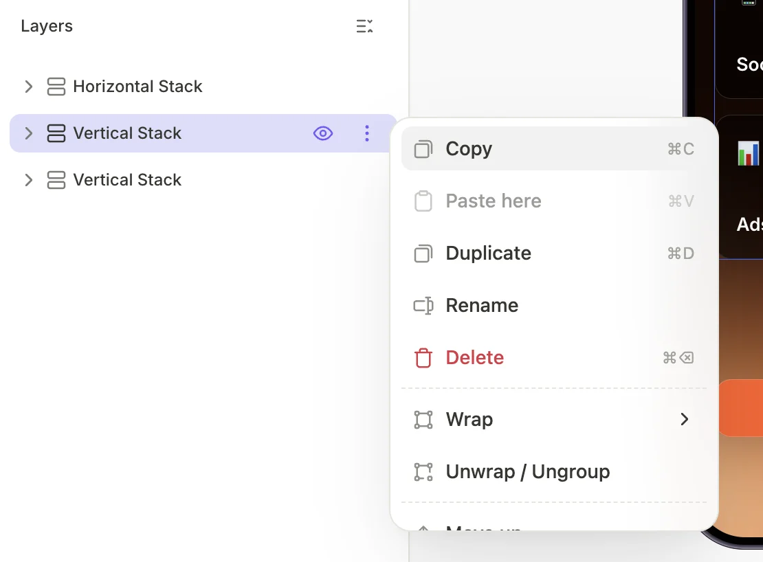 Flow builder layer context menu