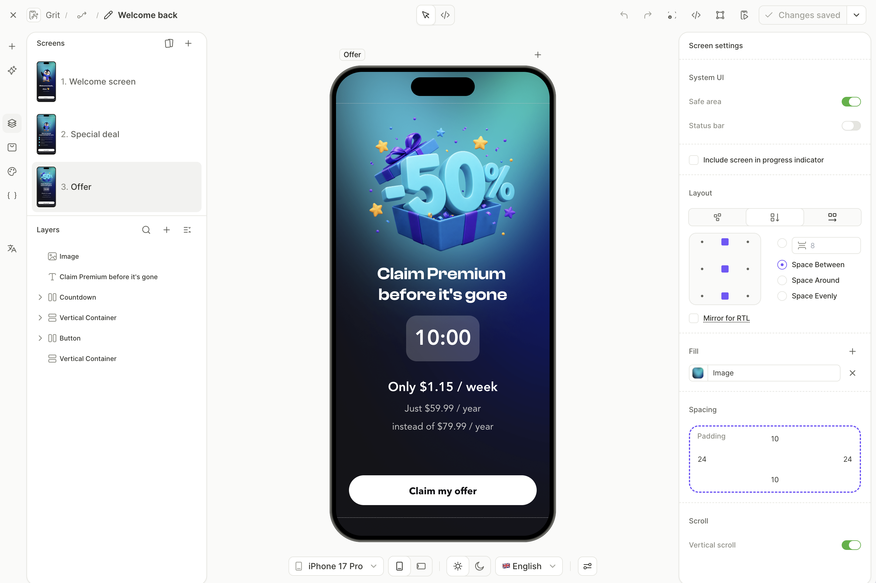 A Welcome flow in the Flow & Paywall Builder. Its screen list runs Beginner path, Experienced path, Paywall, and the products sit inside the flow.