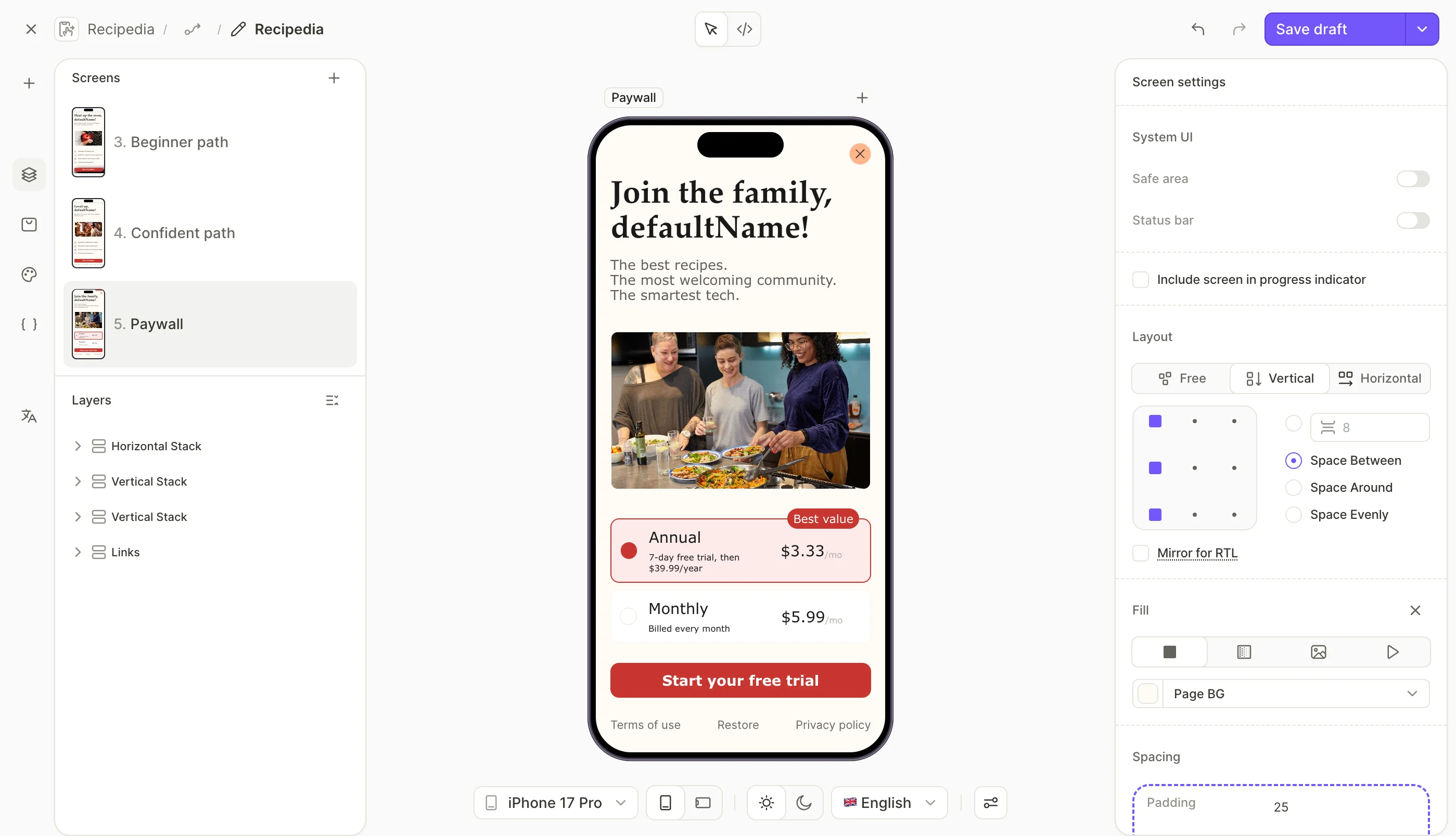 Flow Builder interface with a paywall preview