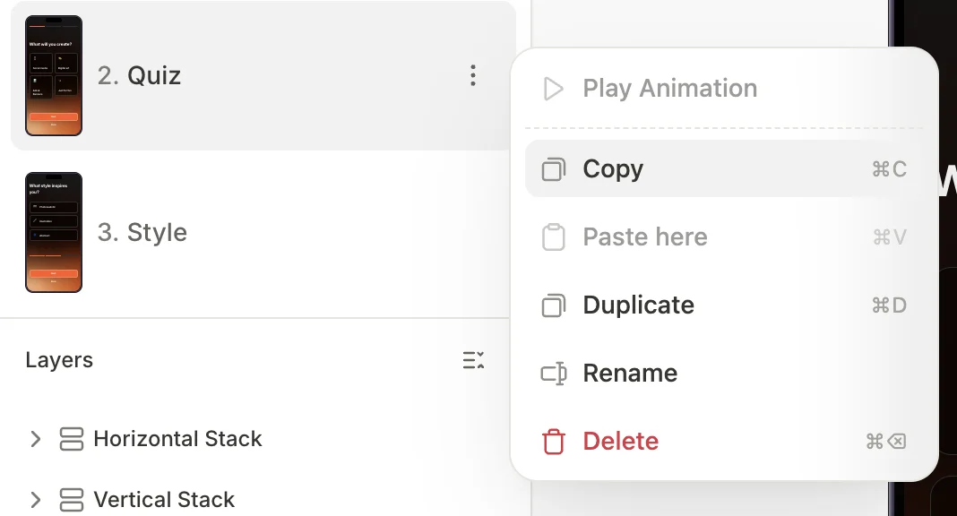 Flow builder screen context menu