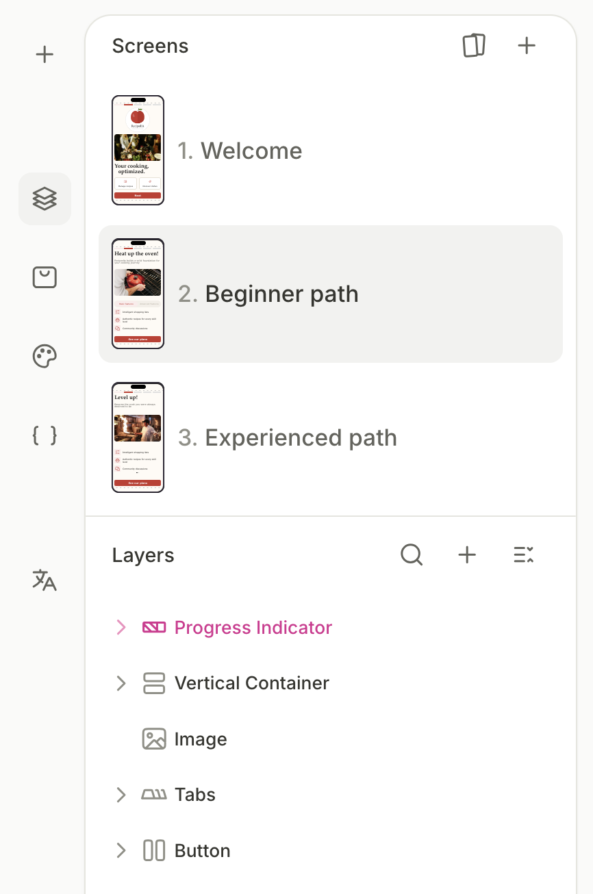 Flow builder screens and layers view (both panels visible)