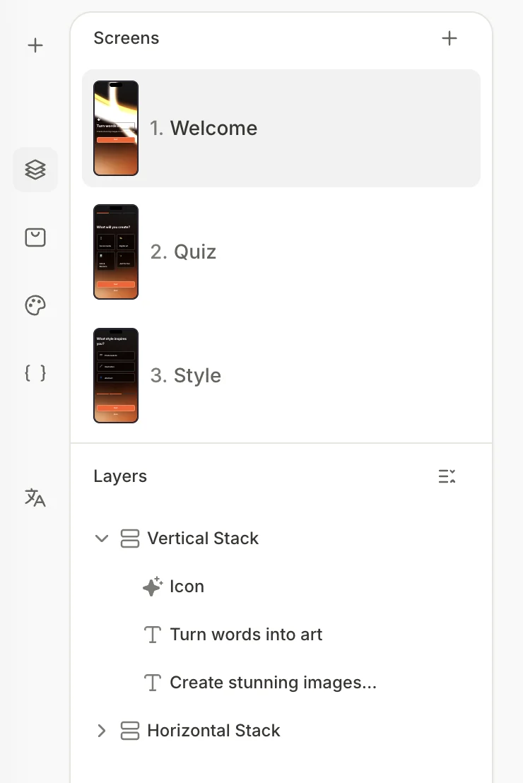 Flow builder screens and layers view (both panels visible)