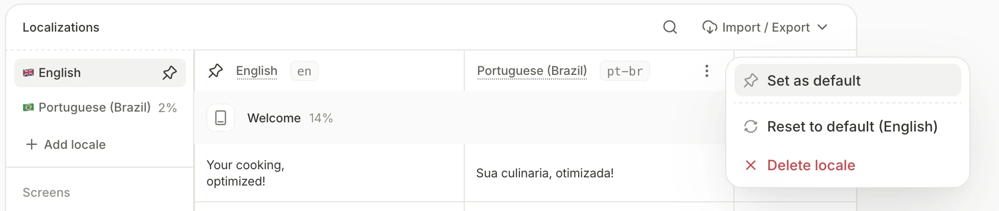 Locale column menu with Set as default selected