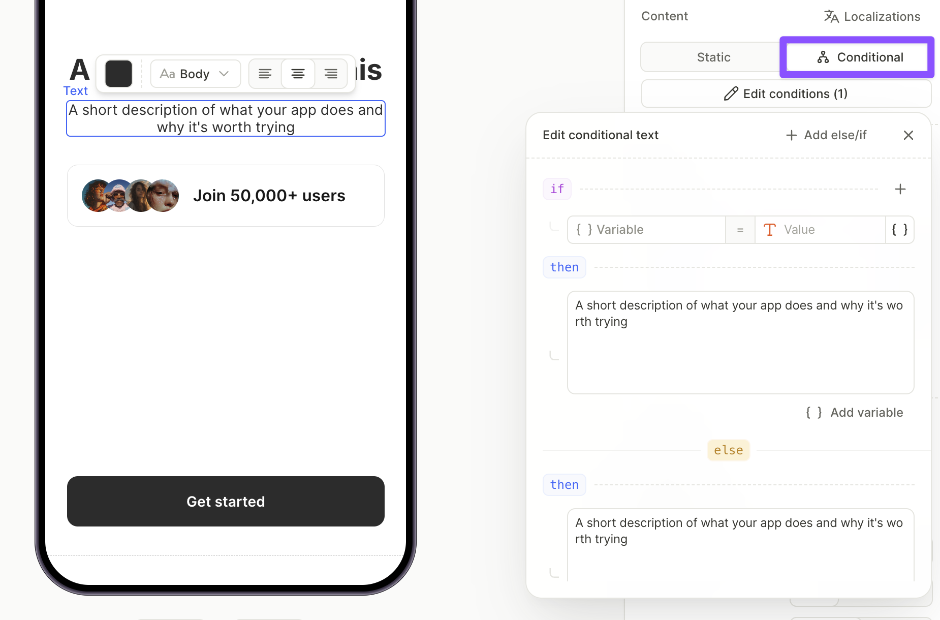 Content set to Conditional in the Design panel