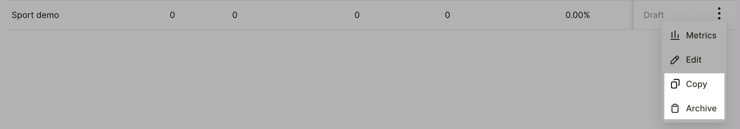 Flows list with the context menu open, showing Metrics, Edit, Copy, and Archive