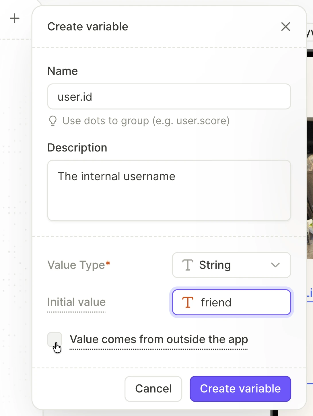 Create variable form with a name, a description, the String value type, and an initial value