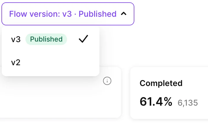 Flow version dropdown open, listing v3 with a Published tag and v2