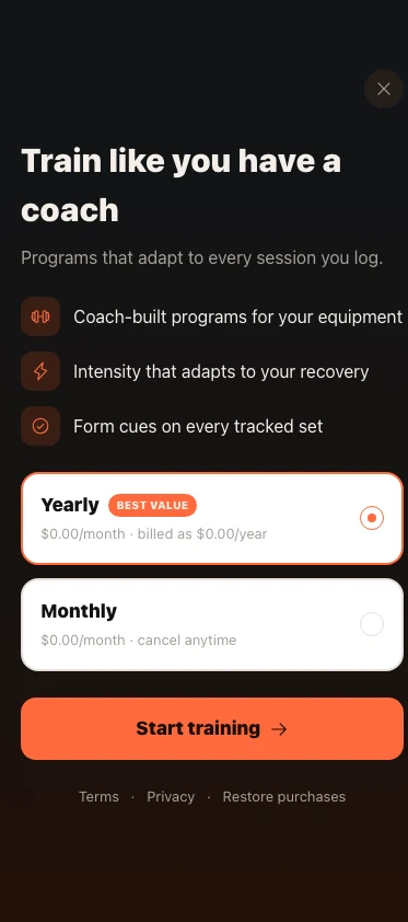 A generated dark-themed fitness paywall: headline, three benefit rows with icons, a selected Yearly card badged Best value, an unselected Monthly card, and a Start training button