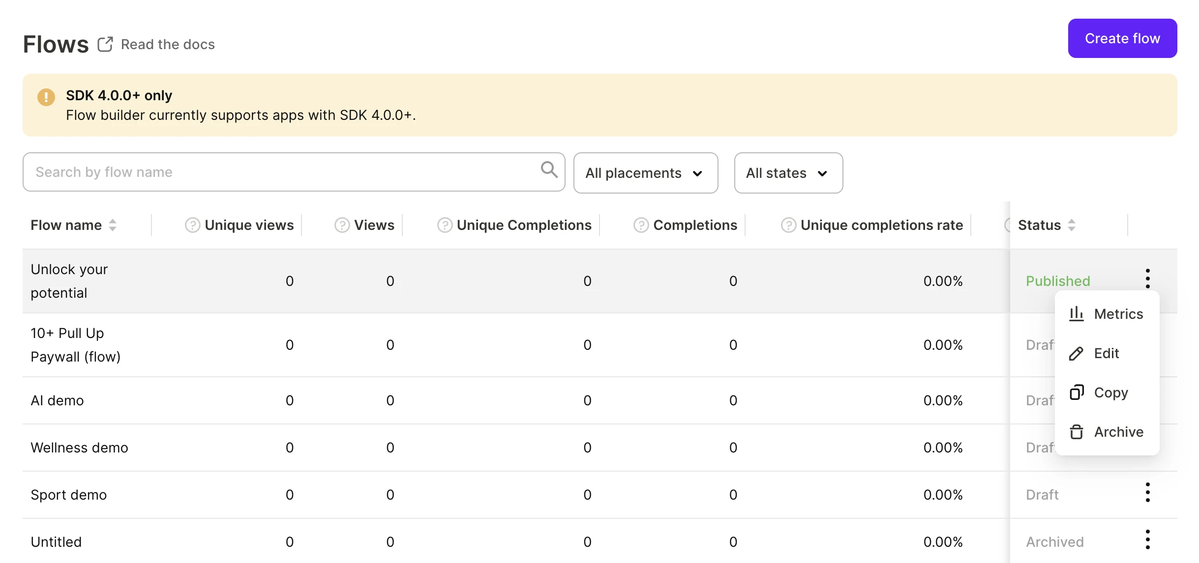 Flows page with the search box, the All states filter, sortable Flow name and Status columns, and an open context menu