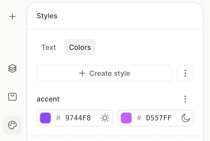 Colors tab in the Styles panel with Light and Dark variants