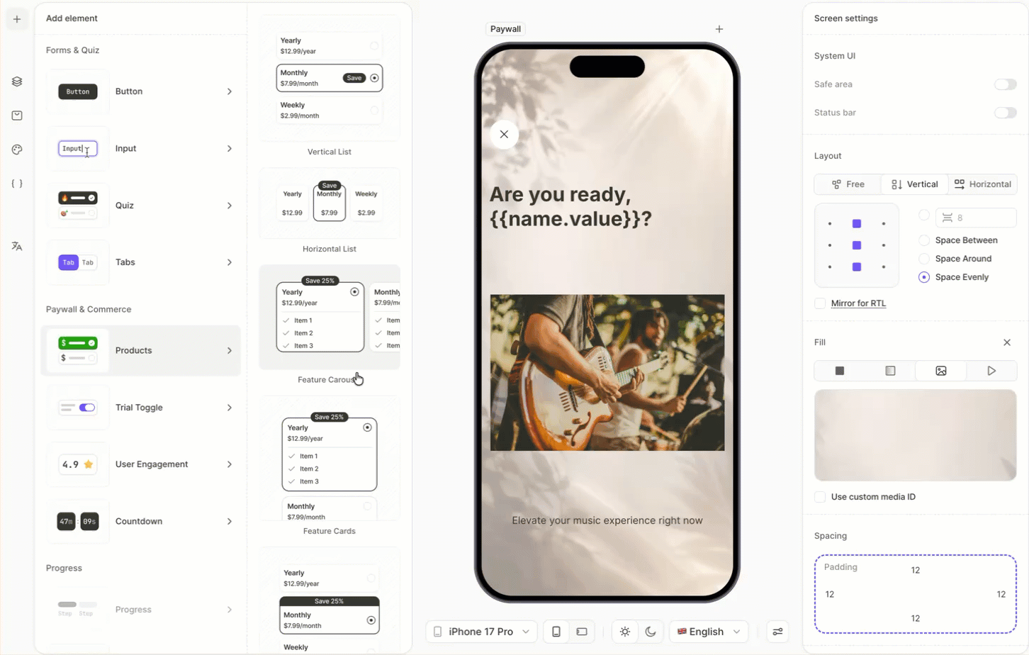 Product list with one card marked as default