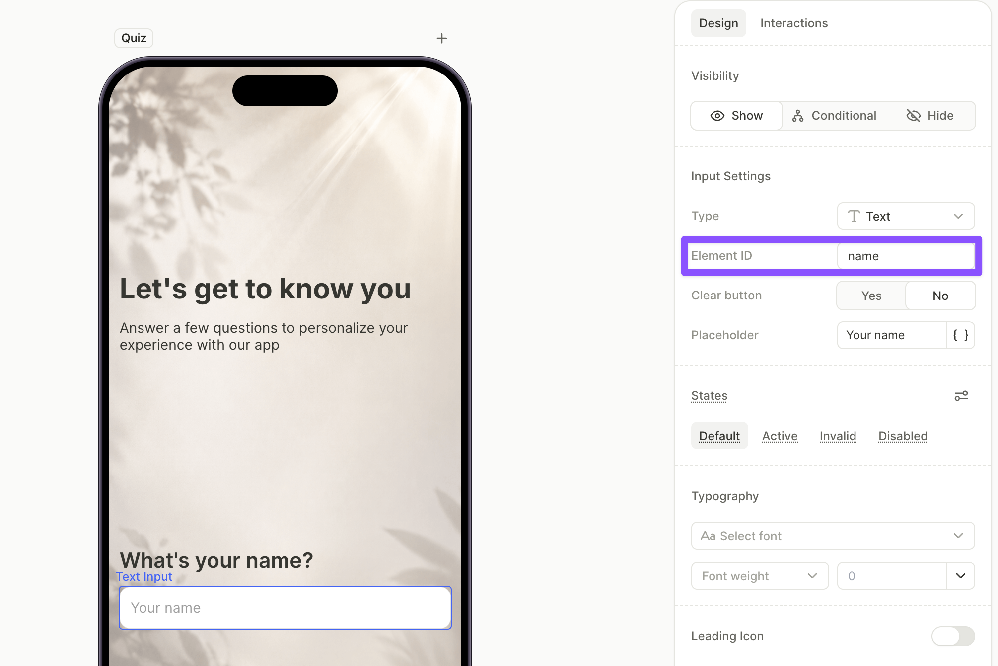 Name input with Element ID name, grouped with its caption in a Vertical Stack