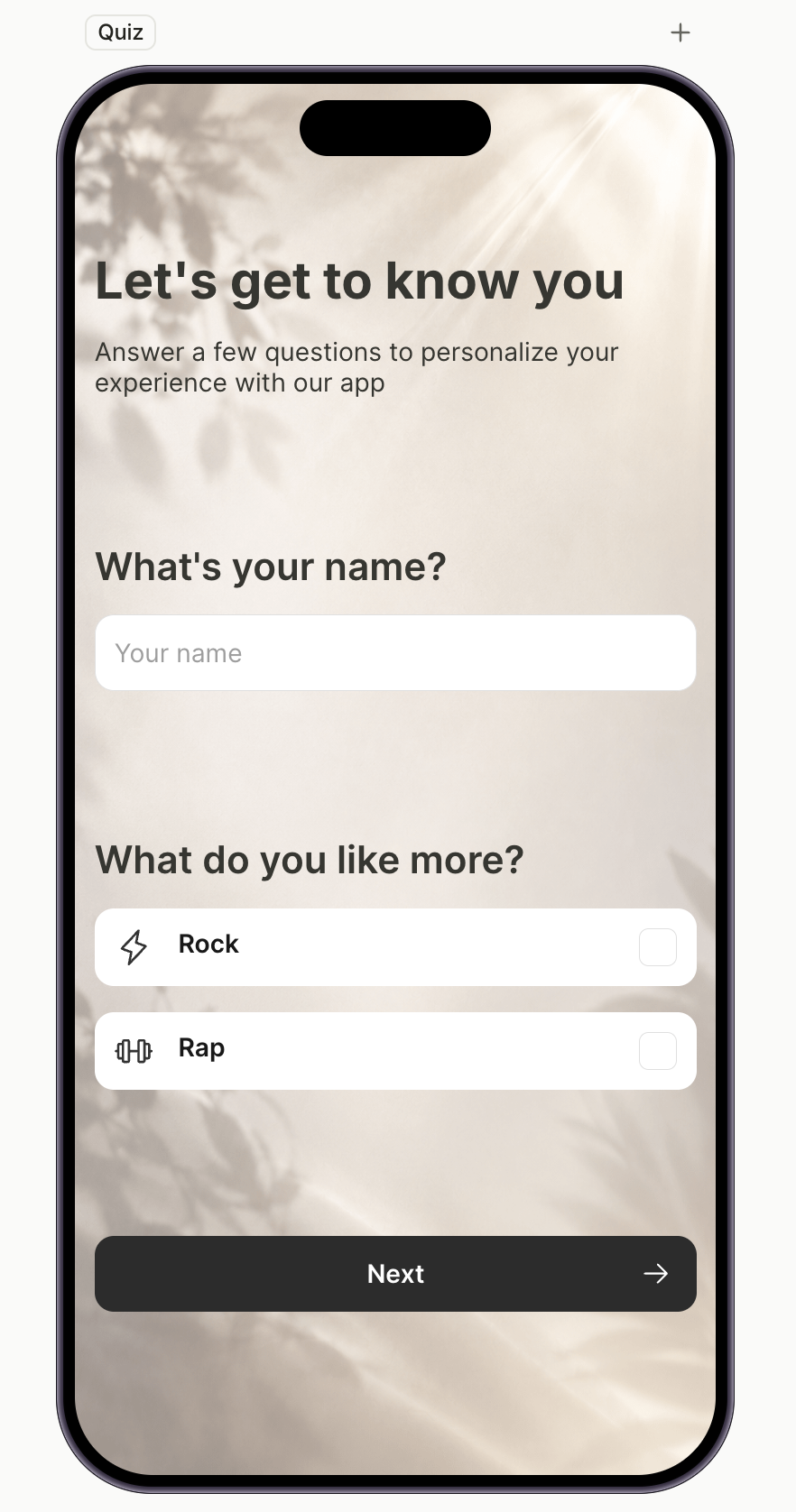 Final quiz screen with intro, name input, and single-choice quiz