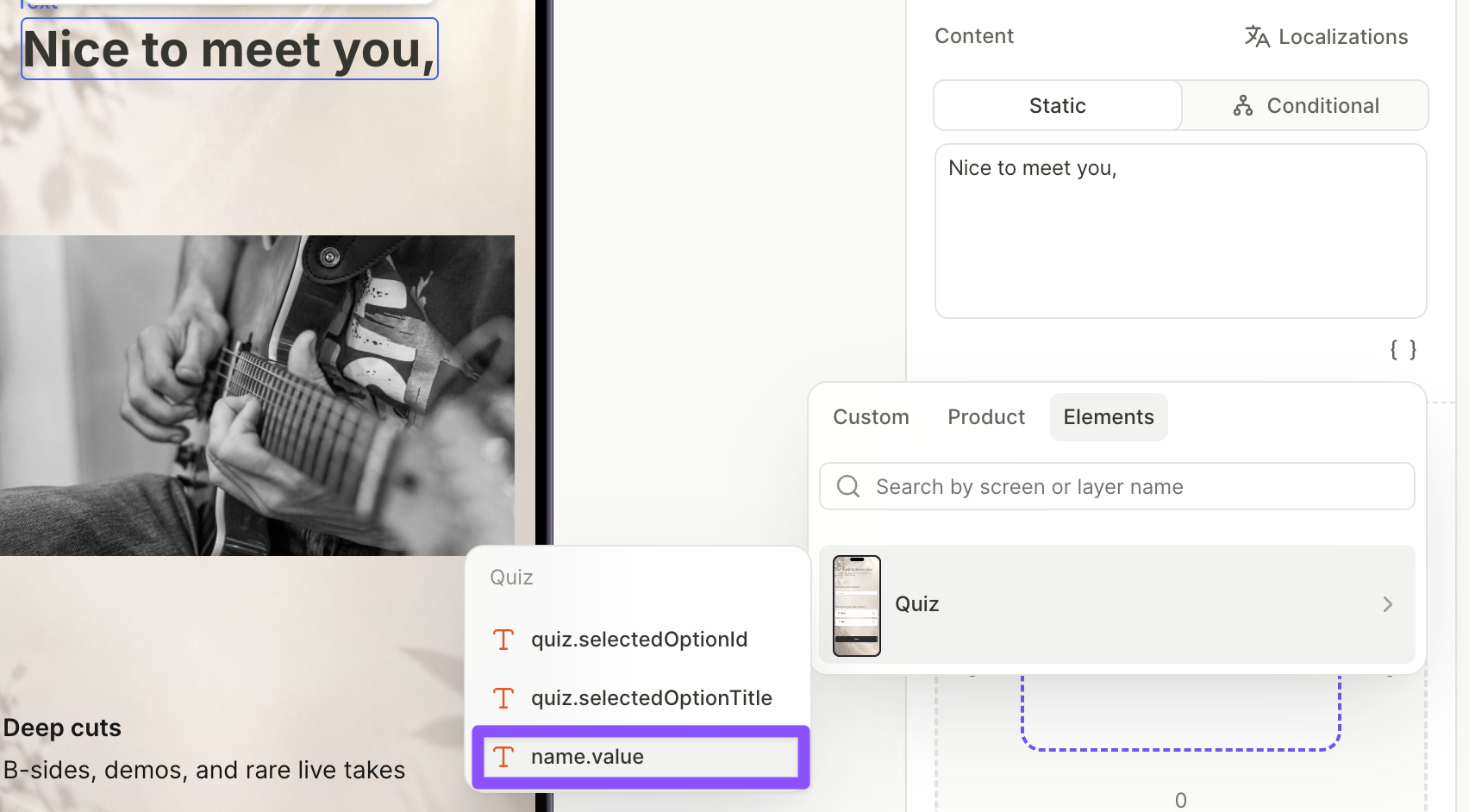 Variable picker on the Elements tab showing the Quiz screen and name.value variable