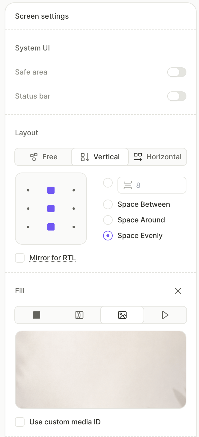 Screen settings with background image, safe area off, and vertical layout