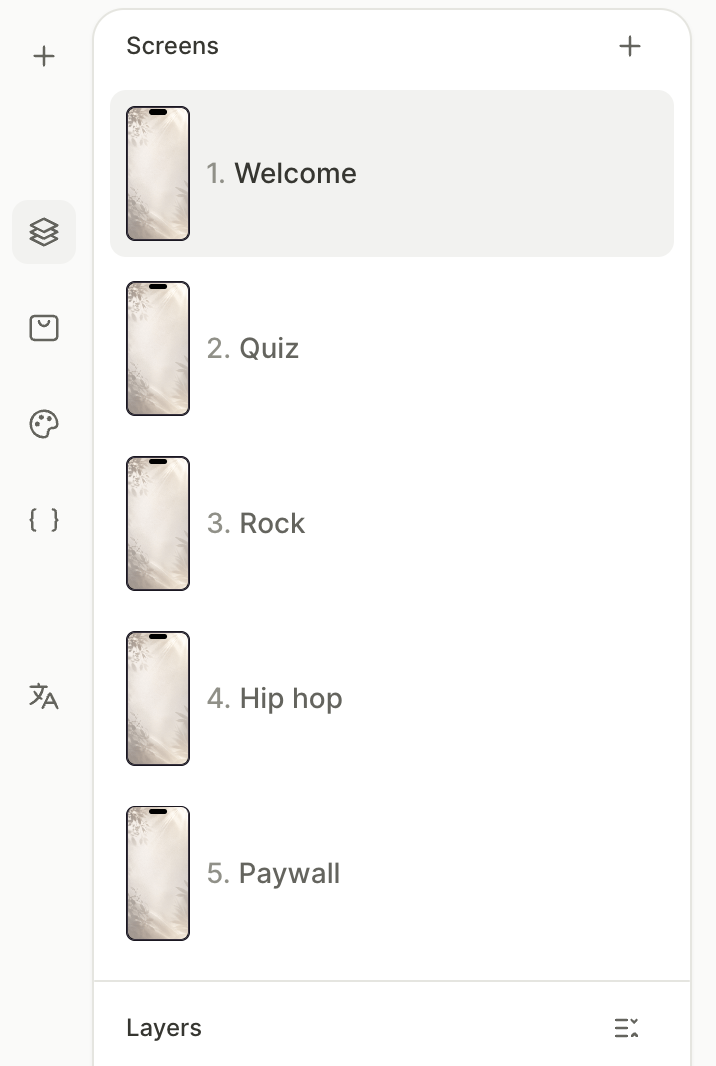 Four named screens sharing the same base settings