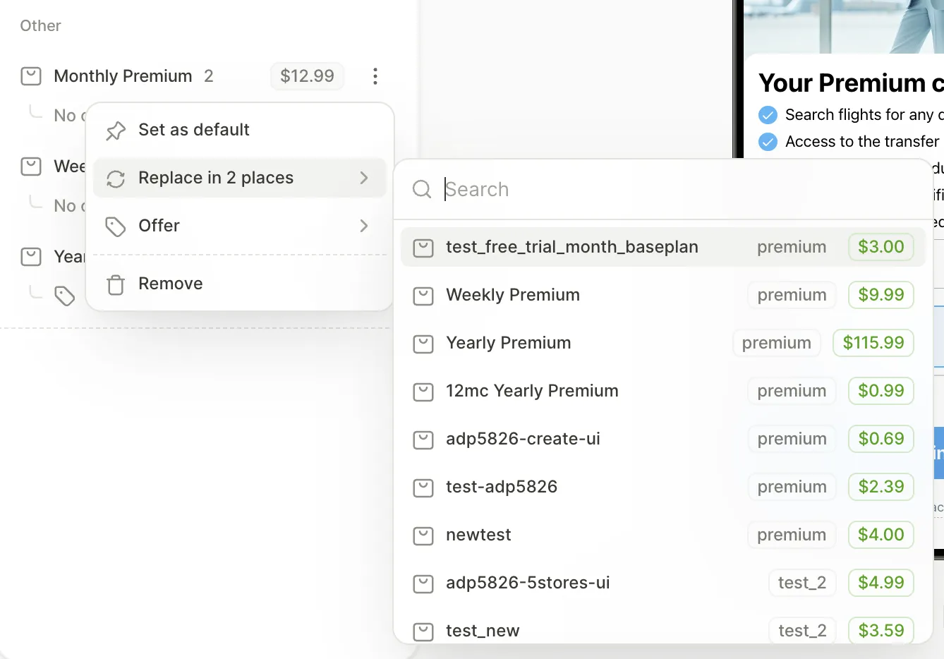 Context menu of a product entry in the Products panel with the Replace in 2 places submenu open, listing the catalog products with access levels and prices