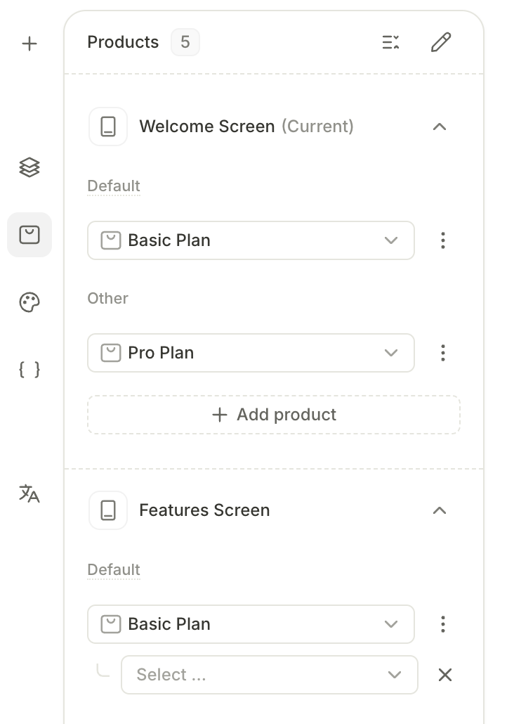 Products panel in the Flow Builder