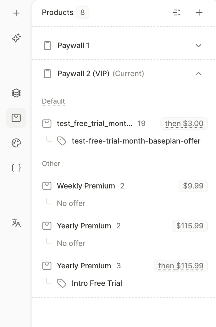 Products panel listing the products of two screens with usage counts, prices, offers, and the Default and Other sections
