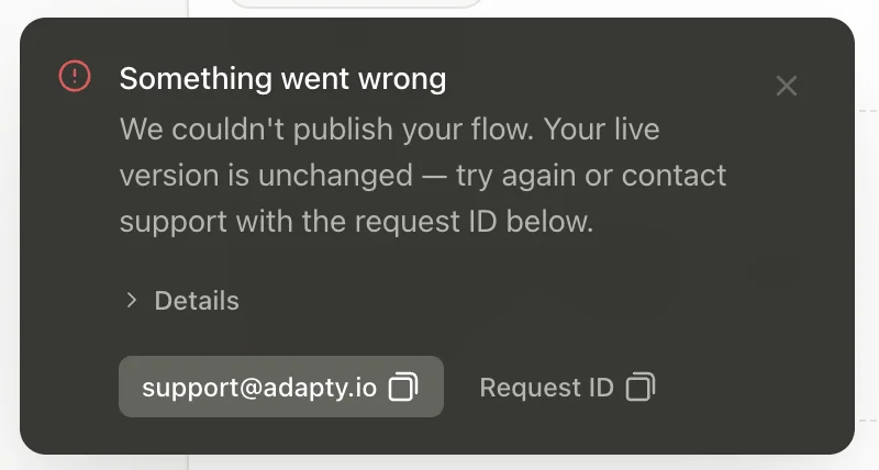 アクションが未完成のフローがある場合にフロービルダーのWeb UIに表示されるPublishエラーメッセージ