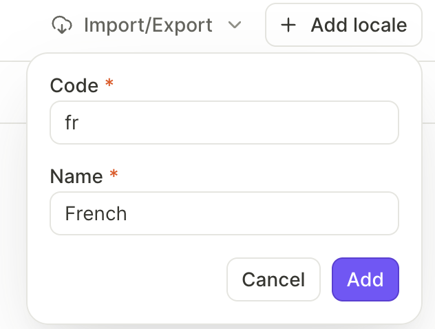 Add locale dialog with Code and Name fields