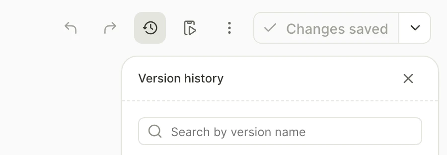The Version history button in the builder top bar, pressed, with the Version history panel open below it