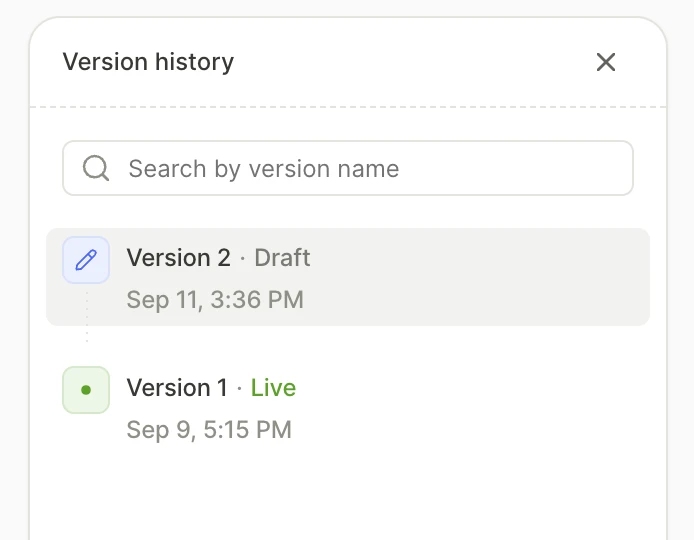 The Version history panel with a Draft version and a Live version