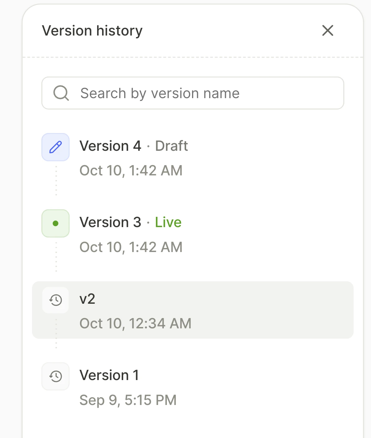 The Version history panel with the v2 version highlighted