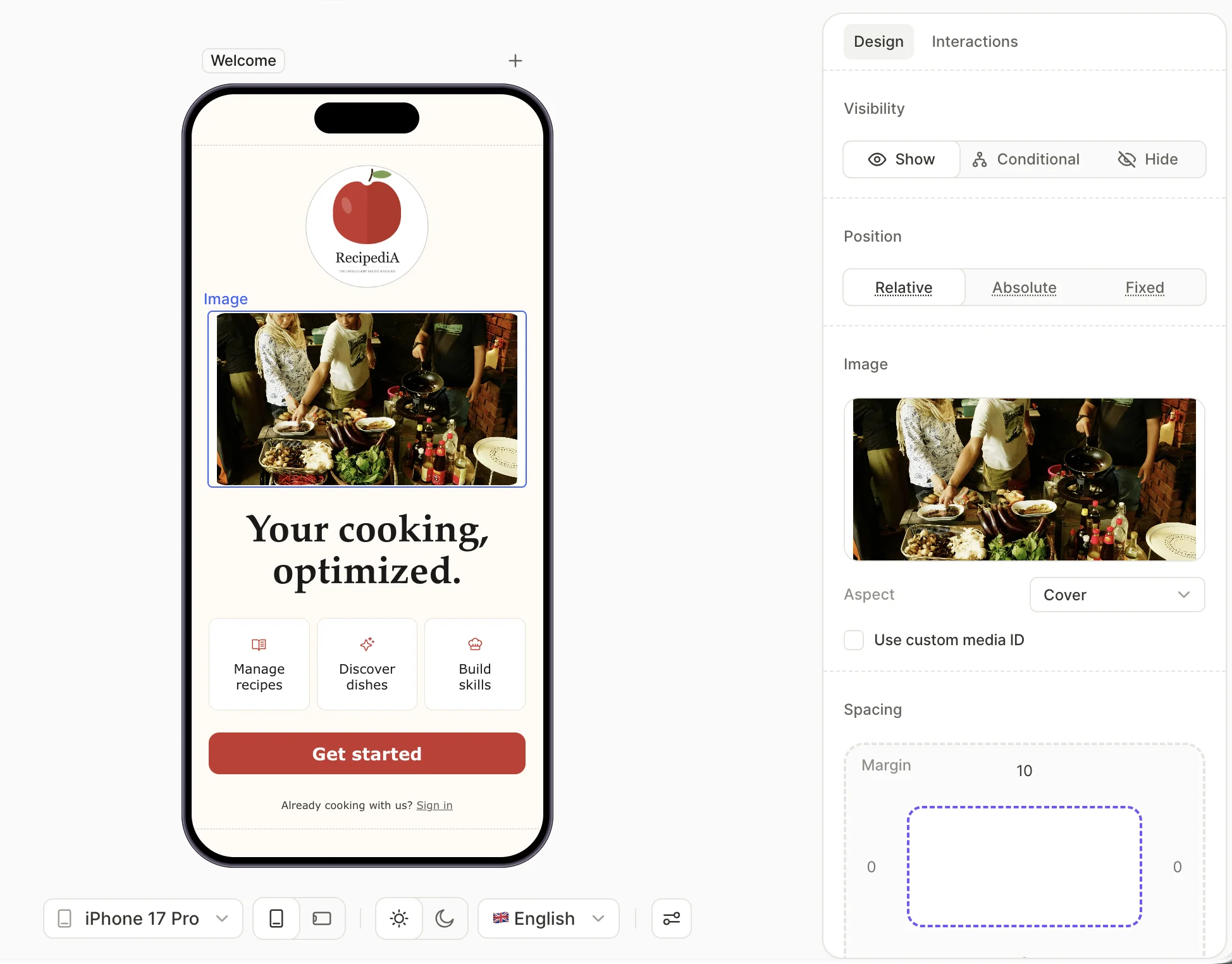 A flow screen with an image element on it