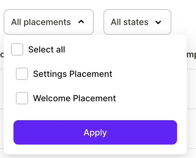 All placements filter open, listing two placements with checkboxes and an Apply button