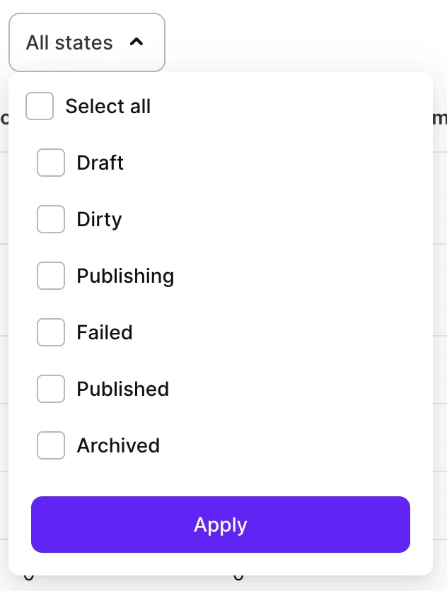 All states filter open, with a checkbox for each flow status and an Apply button