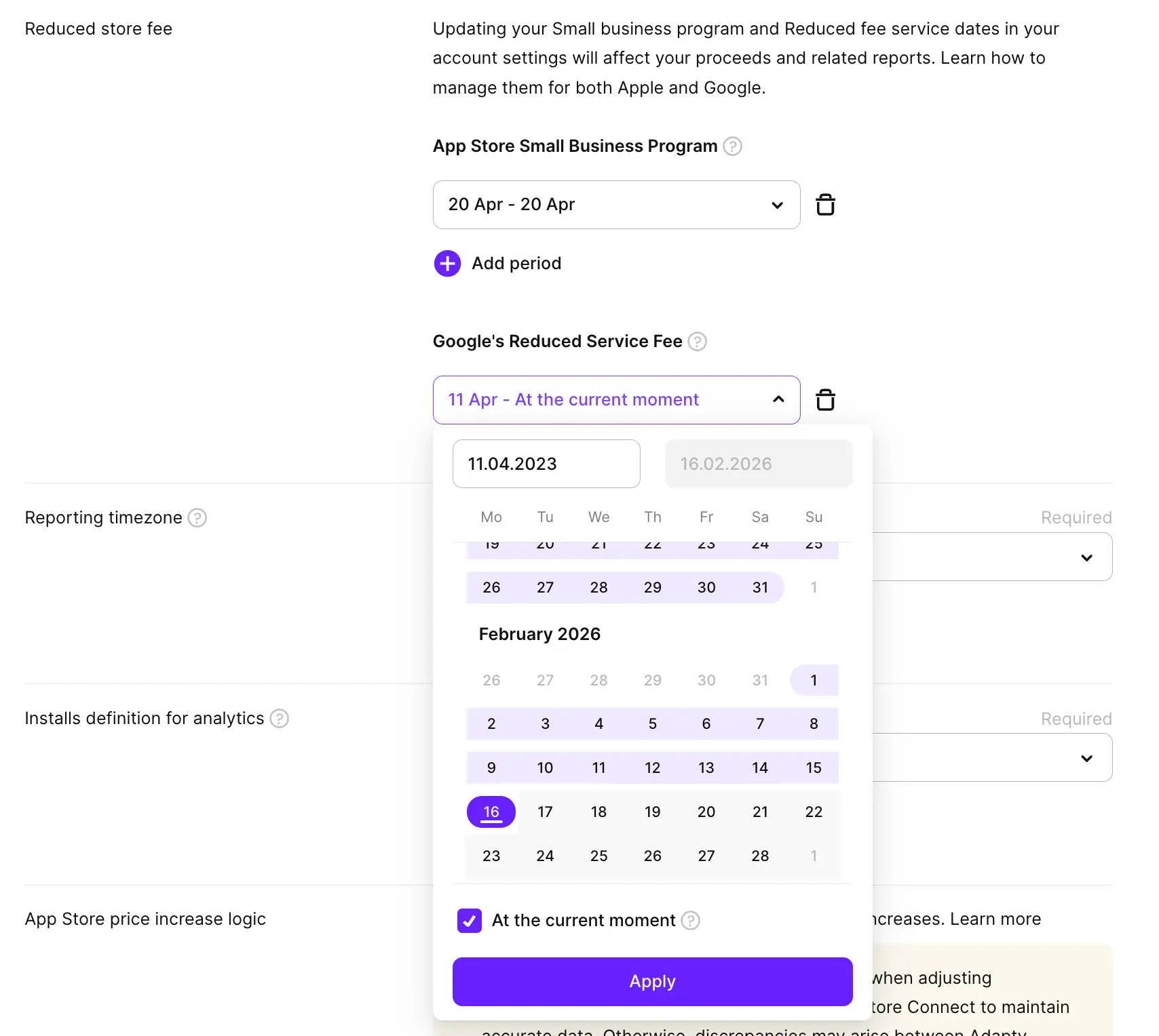 The Reduced Service Fee section on the App Settings page