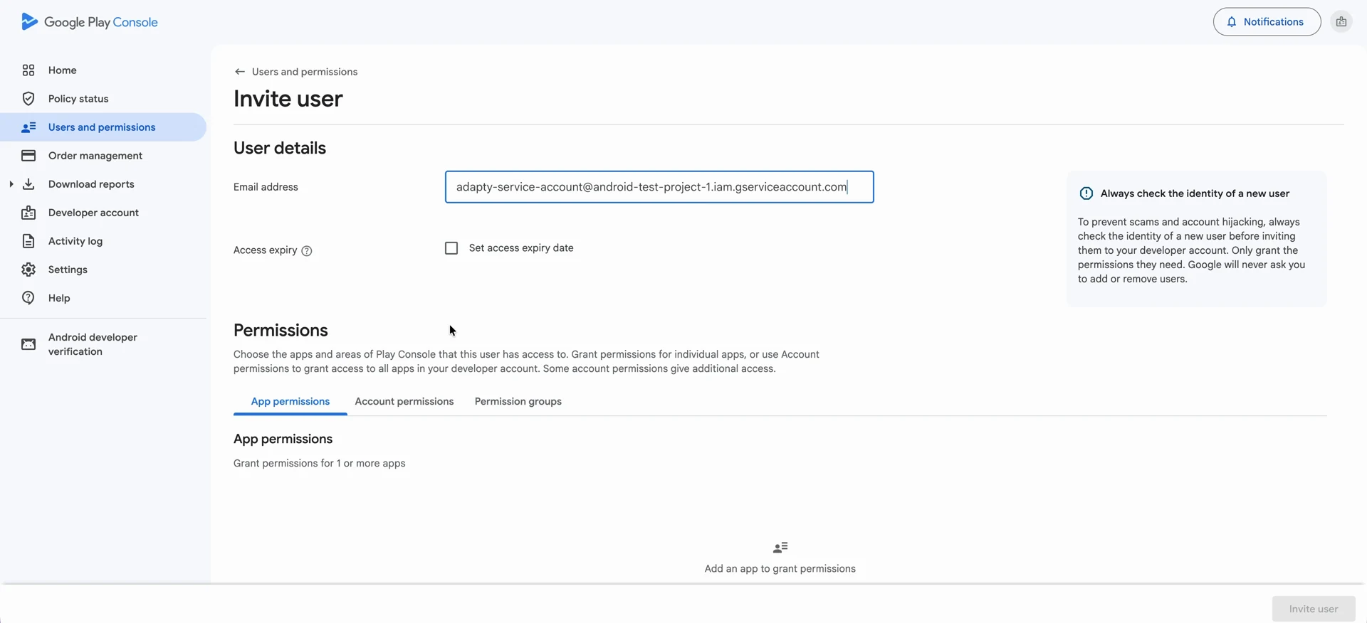 Account permissions tab on the Invite user page, showing the permission checkboxes