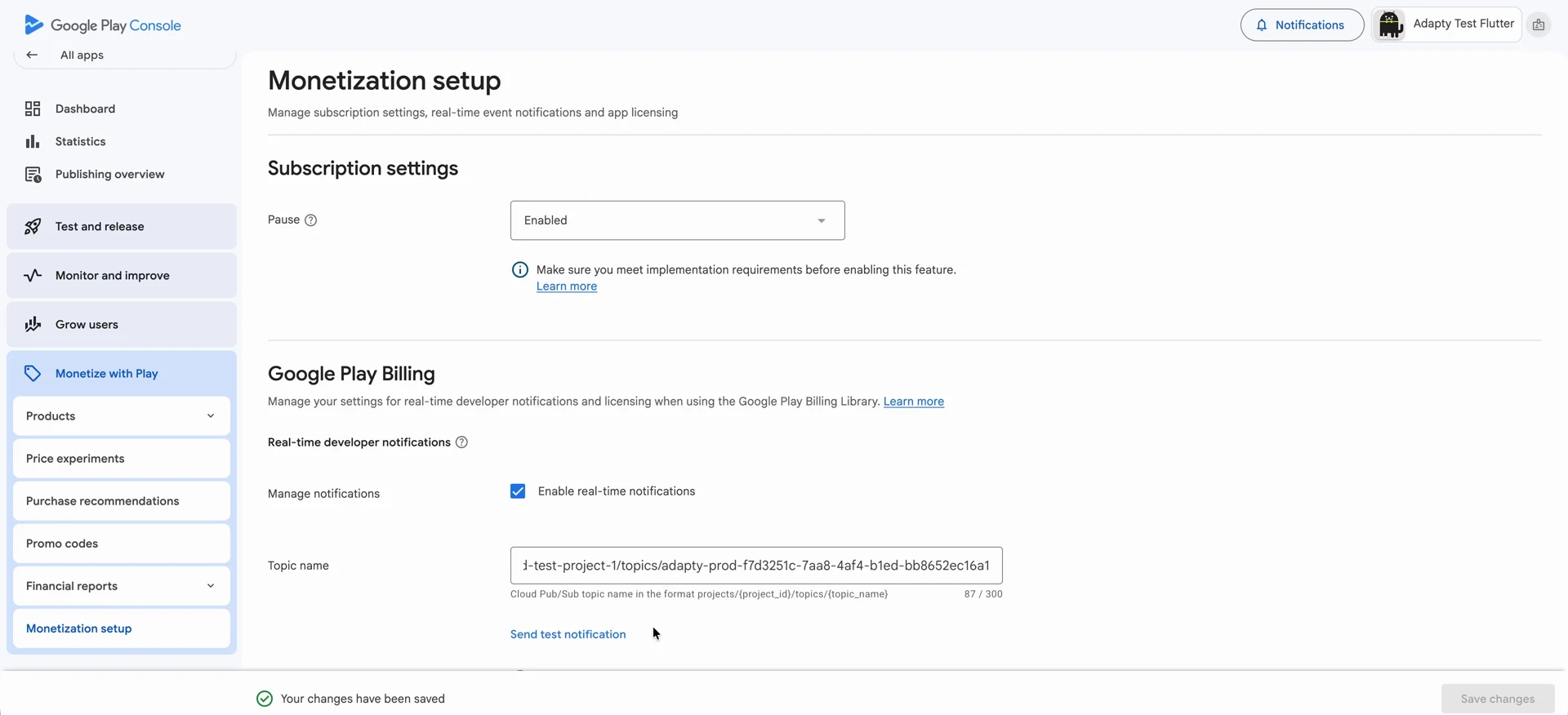Google Play RTDN topic name section in Adapty showing the Active status tag