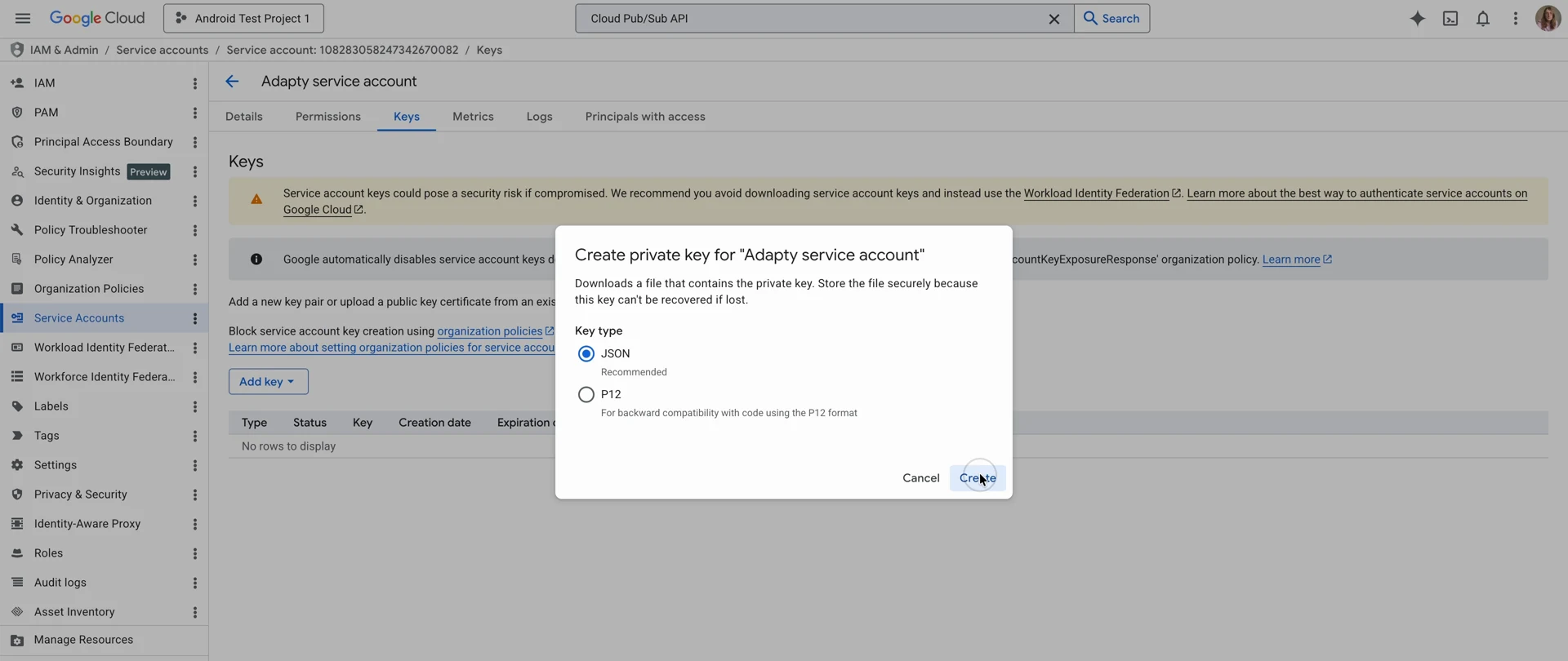 Create private key dialog with JSON selected as the key type