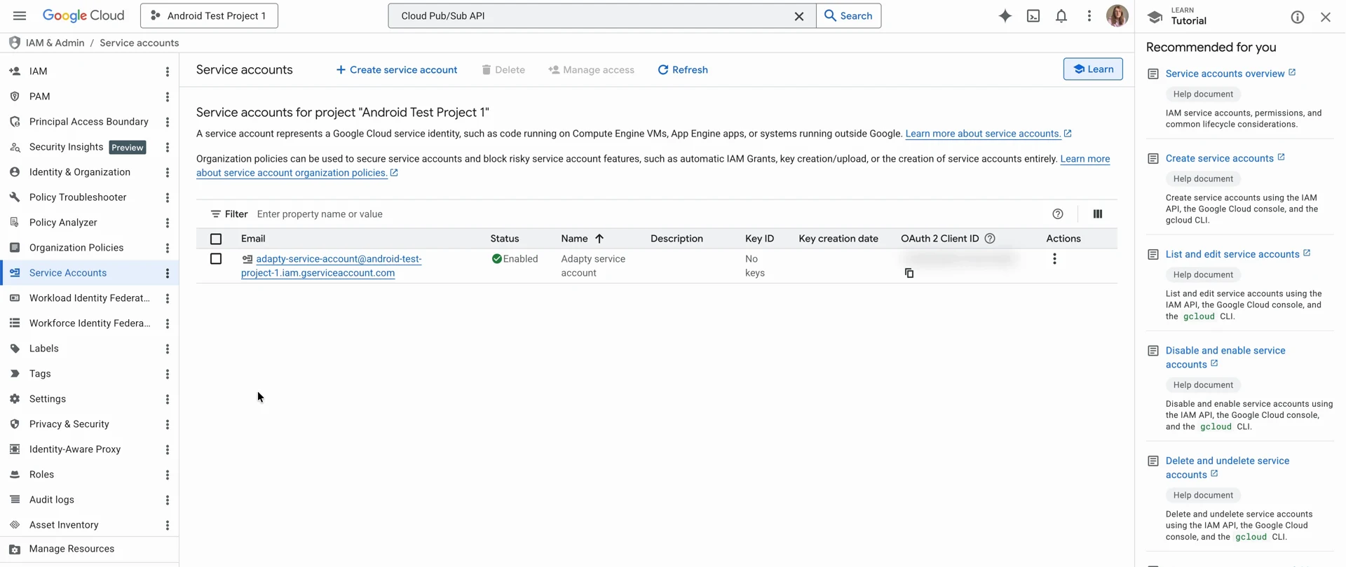 Keys tab of a service account in Google Cloud Console, with the Add key menu open