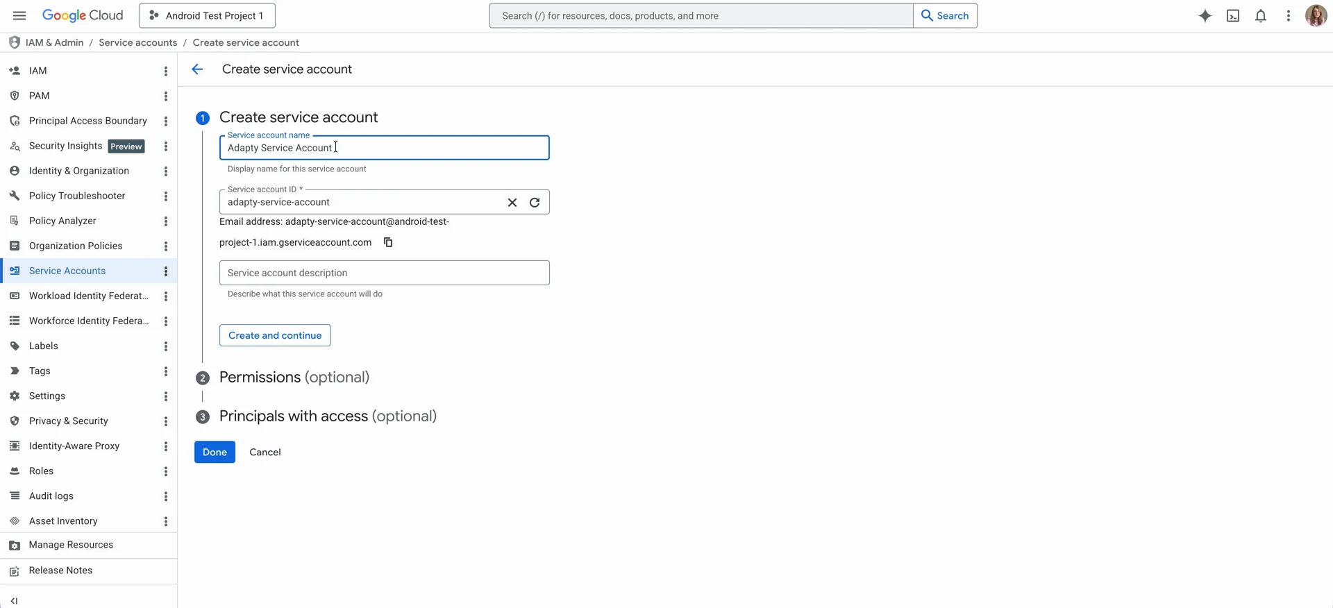 Create service account form showing the name, ID, and generated email address