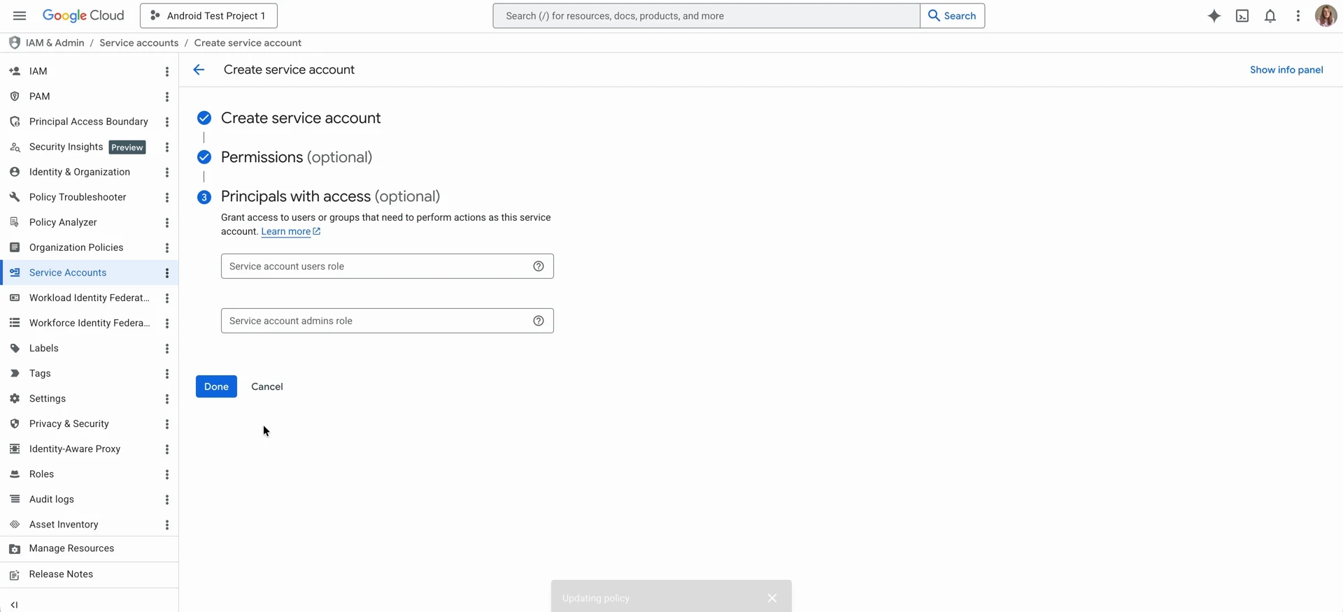 Role picker in the Create service account wizard