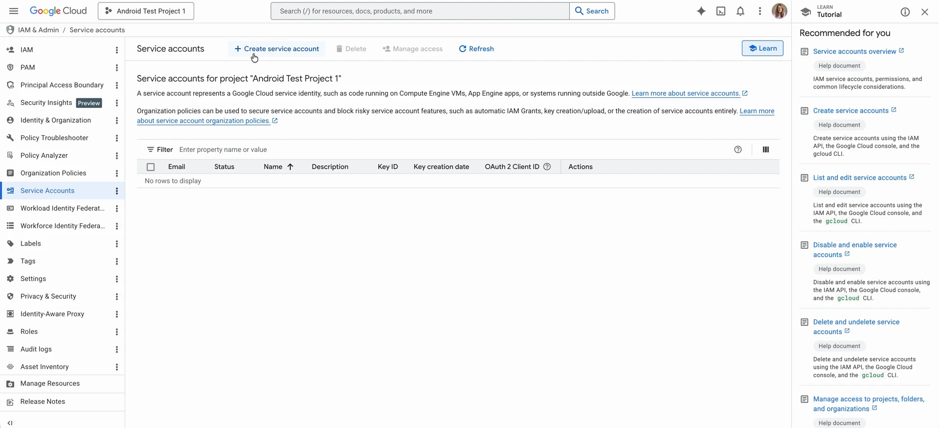 Service accounts page in Google Cloud Console with the Create service account button