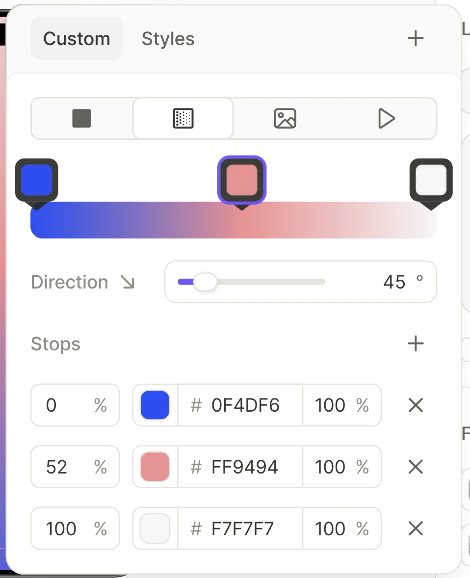 The gradient picker with three stops, the Direction slider, and the Stops list