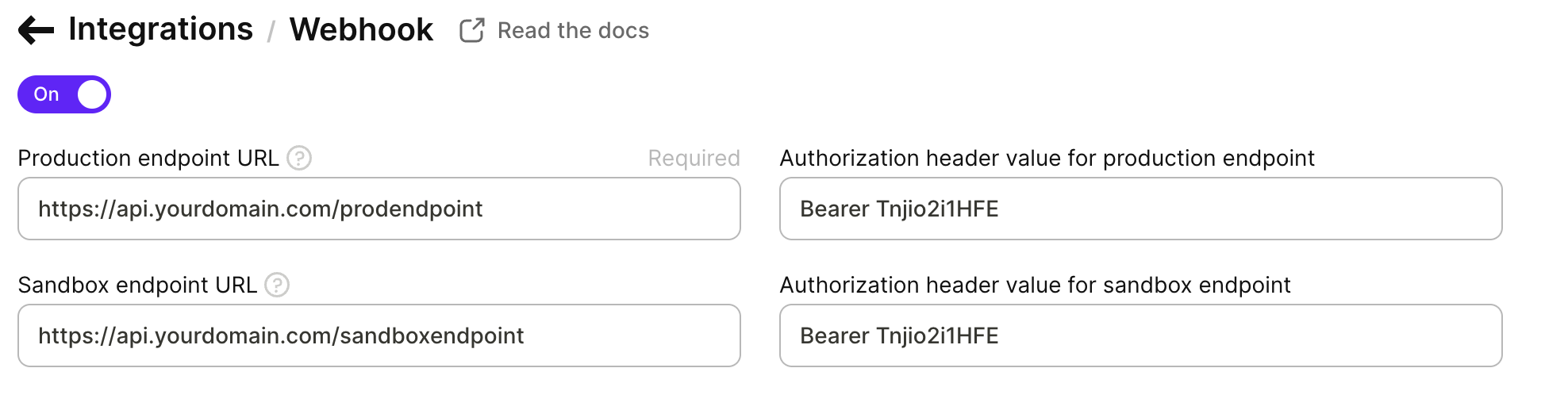 Adapty Dashboard webhook integration settings with the production endpoint URL and Authorization header value fields
