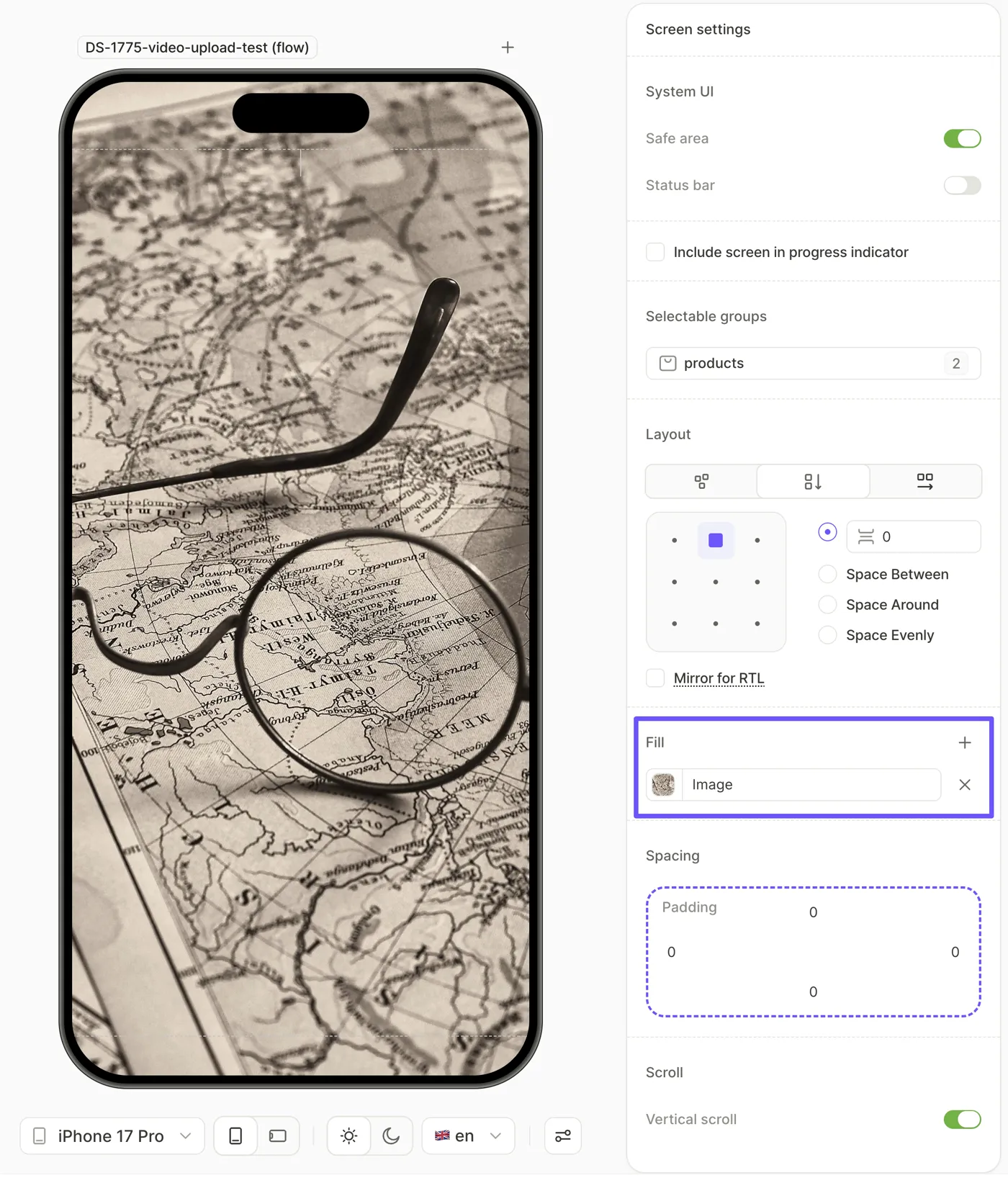 Screen settings with Fill set to Image, and the hero photo filling the phone preview